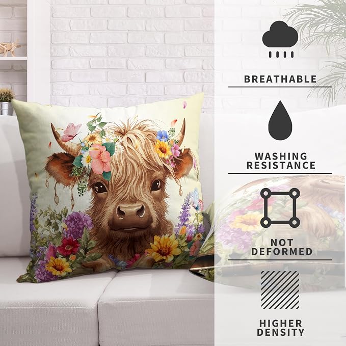 Highland Cow Pillow Covers 24x24 Set of 2 Cattle with Flowers Throw Pillow Covers Spring Outdoor Pillowcase Cotton Linen Farmhouse Cushion Case for Sofa Outdoor Patio