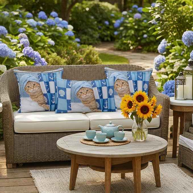 Bathing Cat Waterproof Outdoor Pillow Covers Set of 2 Home Decor, Funny Animal Showering Pillowcase Patio Pillow Covers for Couch Bench Patio Furniture Garden 18x18in