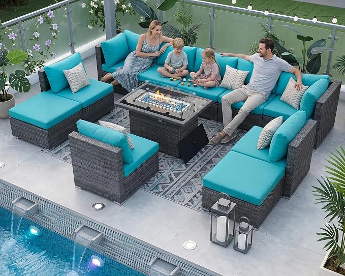 NICESOUL 11 Piece Outdoor Conversation Set, 29.3'' High Back Comfy Wicker Patio Sectionals with Fire Pit Table, Large Size Wide & Deep Seat Sofa Couches, 2 Color Cushion Teal & Gray