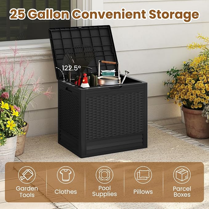 Tangkula 25 Gallon Outdoor Storage Box, Waterproof PP Resin Patio Storage Box with with Lockable Lid for Indoor & Outdoor Use, 2-in-1 Rattan Design Deck Box for Patio Cushions, Garden Tools