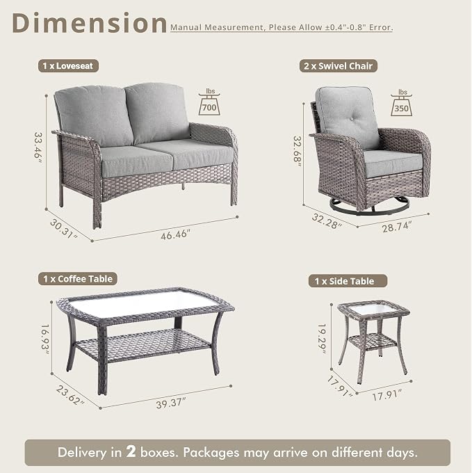 Weaxty Wicker Patio Furniture Set with Swivel Rocker Chairs Outdoor Loveseat Sofa and Rattan Coffee Table, 5 Pieces Outdoor Conversation Sets for Patio Porch Deck Backyard Poolside,Beige