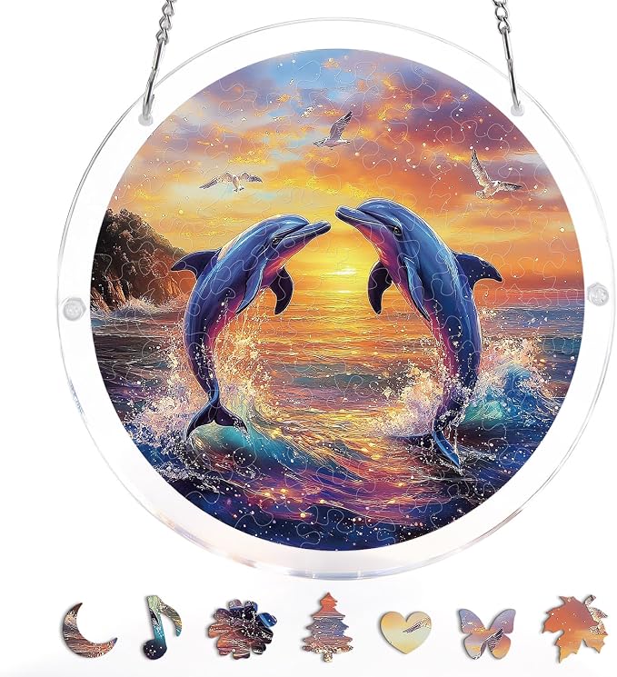 Acrylic Puzzle Suncatcher 83 Pieces, Dolphin Love Song Sun Catchers Puzzle, DIY SunCatchers Puzzles Window Hanging, Home & Garden Decor, Gifts for Family and Friends, 7.4 in