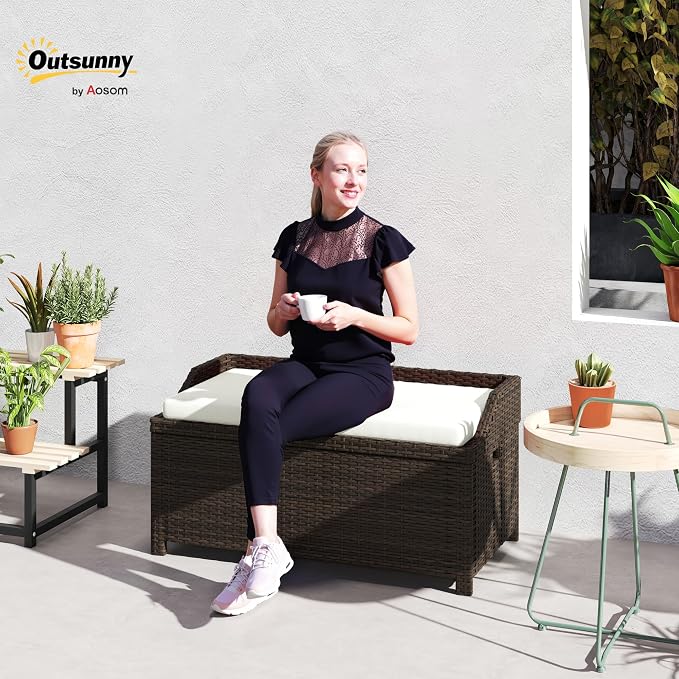 Outsunny 38 Gallon Outdoor Wicker Storage Bench Deck Box, PE Rattan Patio Furniture Pool Storage Bin Container with Interior Waterproof Cloth Bag and Comfortable Cushion, White