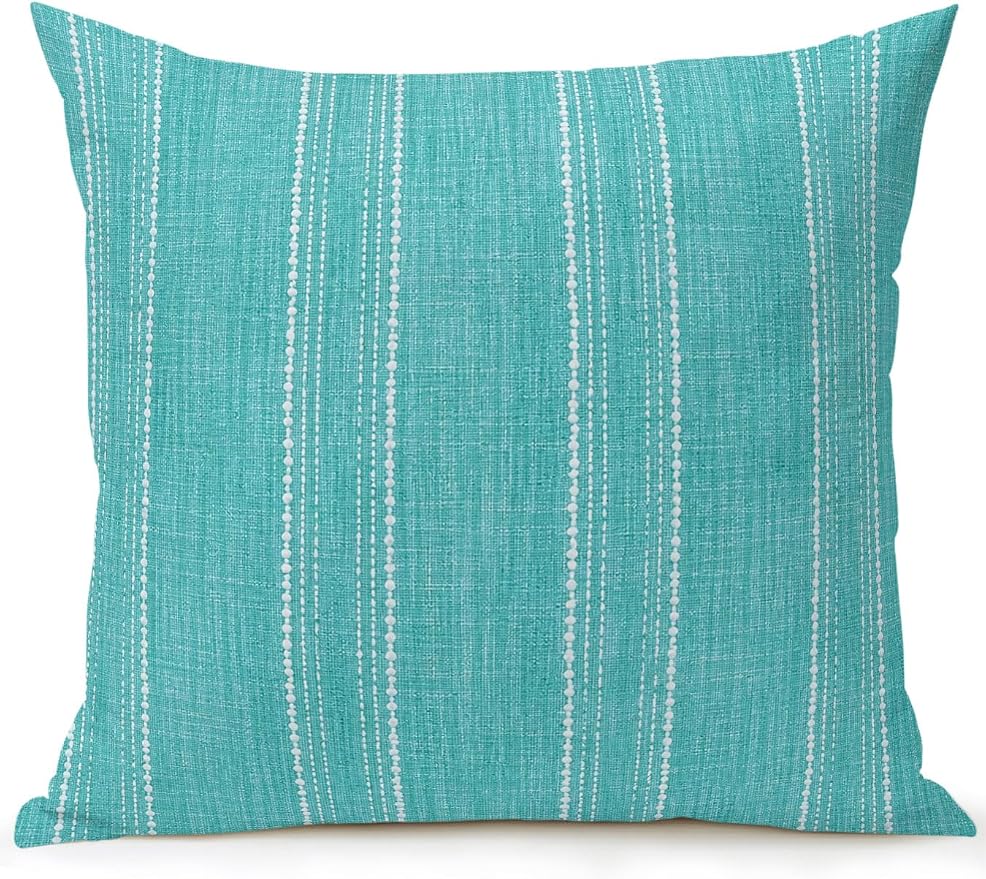 Waterproof Outdoor Pillow 1 Pack Aqua Linen Stripes Decorative Throw Pillows Cover & Insert 16x16 Inch Pillowcase Parallel Vertical Lines Pillows for Couch Sofa Bed Patio Furniture Indoor Outdoor