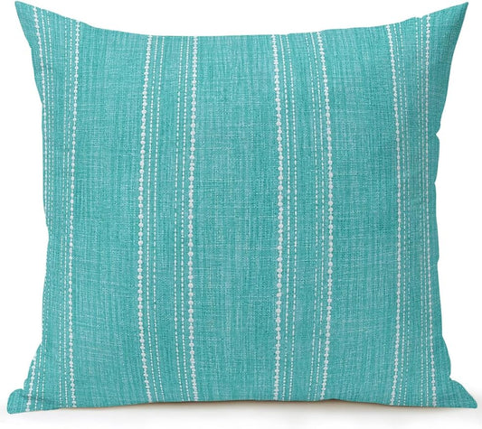 Waterproof Outdoor Pillow 1 Pack Aqua Linen Stripes Decorative Throw Pillows Cover & Insert 16x16 Inch Pillowcase Parallel Vertical Lines Pillows for Couch Sofa Bed Patio Furniture Indoor Outdoor