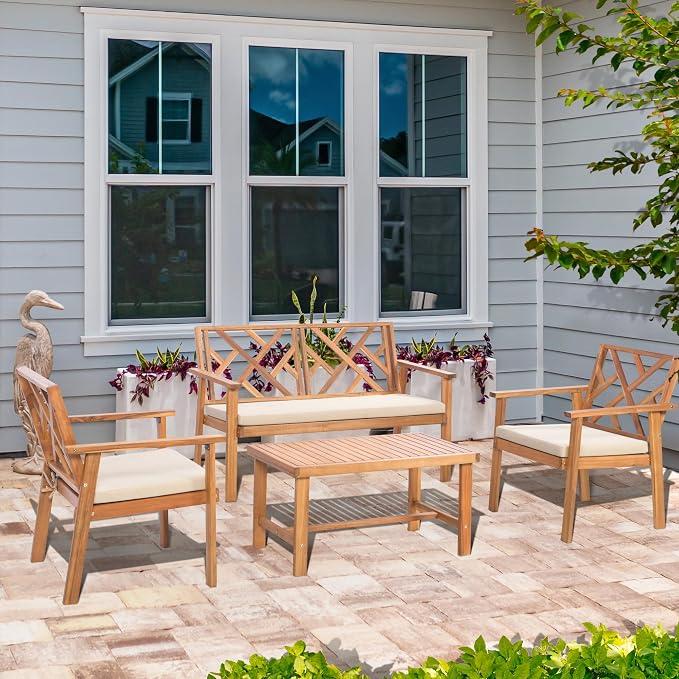Werph 4-Piece Acacia Wood Outdoor Patio Furniture Set | Patio Sofa Bench and 2 Sofa Chairs with Table & Padded Cushions, Patio Lounge Conversation Set for Balcony Deck Backyard
