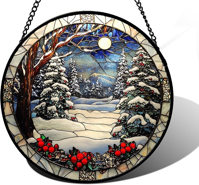 DASTOLL Stained Glass Window Hanging Christmas Tree Winter Snow Night Scenery Large 11.8" - Suncatcher Door Garden Kitchen Sun Catcher Home Decor Birthday for Mom Men Woman Friend
