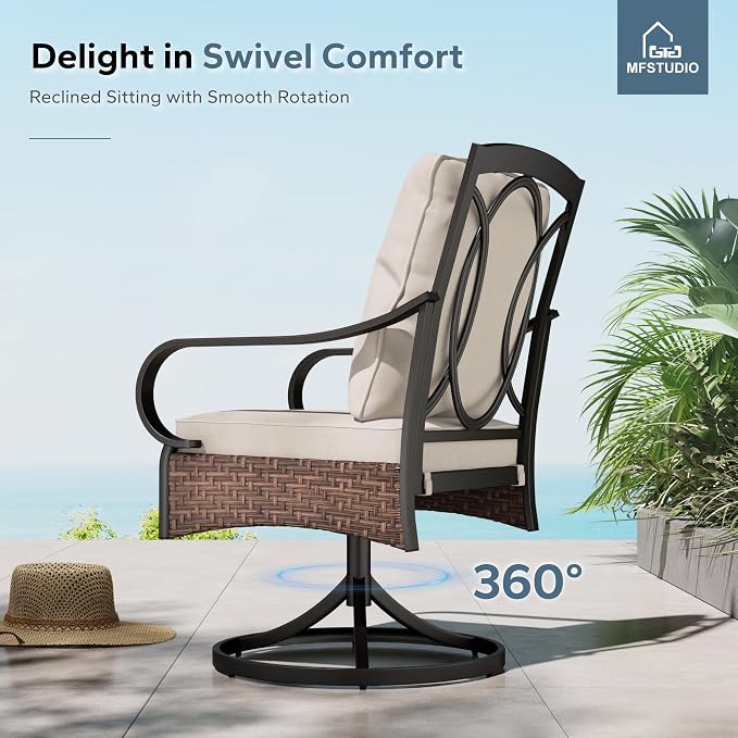 MFSTUDIO Round Patio Table and Chairs, Outdoor Patio Dining Set for 6, Outdoor Table and Chairs for 6, 7 Pieces Patio Metal Table with Swivel Chairs, 1.75'' Umbrella Hole