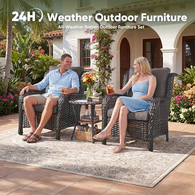 Rilyson Outdoor Wicker Patio Chairs Set of 2: Rattan Dining and Porch Chairs with High Back and Deep Seating (Brown/Grey)