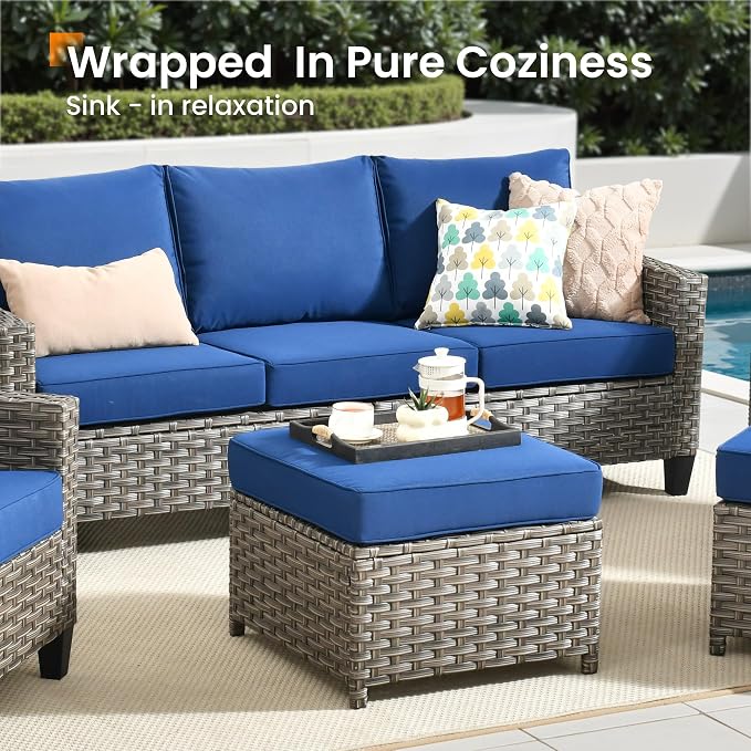 CAODOC Wicker Patio Furniture Set,7 Pieces Modern Outdoor Conversation Set Sectional Sofa with Cushion and Ottomans for Garden, Poolside, Backyard