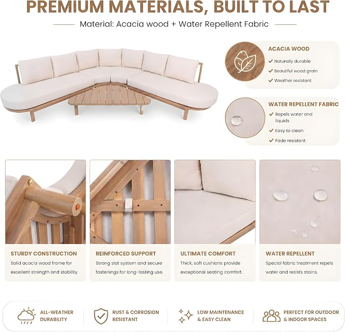 Christopher Knight Home Gemsy 118" Acacia Wood Outdoor Patio Furniture Set with Cushion, Outdoor Half Moon Curved Sectional Sofa Set with Coffee Table, Patio Sectional Sofa Set, Beige + Brown