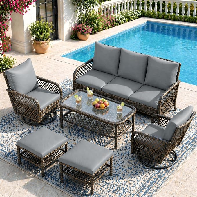 AECOJOY Patio Furniture Set Outdoor Sectional Sofa Couch and High Back Swivel Rocker Patio Chairs 6PCS Brown Wicker Conversation Set (Dark Grey, 6PCS- Whole Set)
