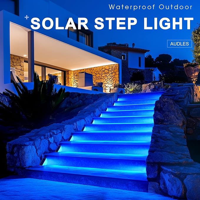 AUDLES 12 Pack Solar Stair Lights, Outdoor Step Lights with Waterproof IP67, Blue Color LED Solar Light for Outside Light Decor for Stair, Deck, Front Step, Front Porch, Patio and Backyard