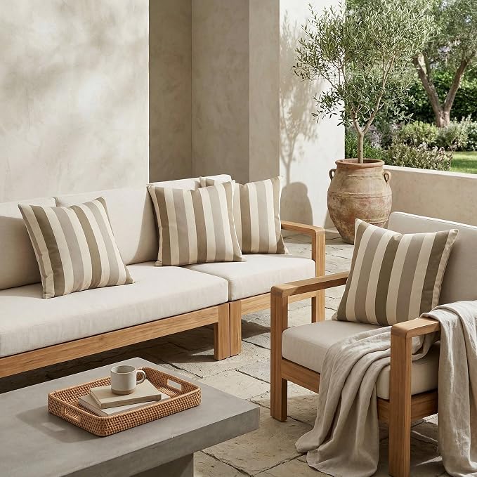 RSH DECOR: Sunbrella Square Throw Pillows Set of 4 | 20" x 20" | Water and Fade-Resistant Performance Fabric | Outdoor Pillow Covers with Down-Alternative Inserts | Made in USA (Portico Sparrow)