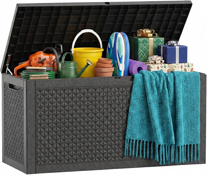 150 Gallon Outdoor Storage Box, Large Resin Deck Box Waterproof, Lockable Toy Storage Container, Storage Bins with Lids for Patio furniture, Garden Tool Box, Black