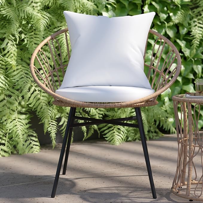 EMMA + OLIVER Ari 3 Piece Boho Patio Set - Tan Finish Faux Rattan Rope Chairs - Light Gray Removable Cushions - Tempered Glass Top Side Table - Indoor/Outdoor