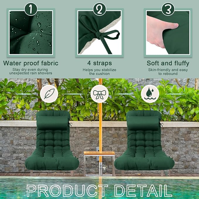 Tudomro Outdoor Chaise Lounge Cushion 66x21x4'' Waterproof & Fade-Resistant Patio Pool Chaise Lounge Cushion Headrest Pillow Tie Replacement Rocking High Back Chair(Hunter Green,Set of 2)