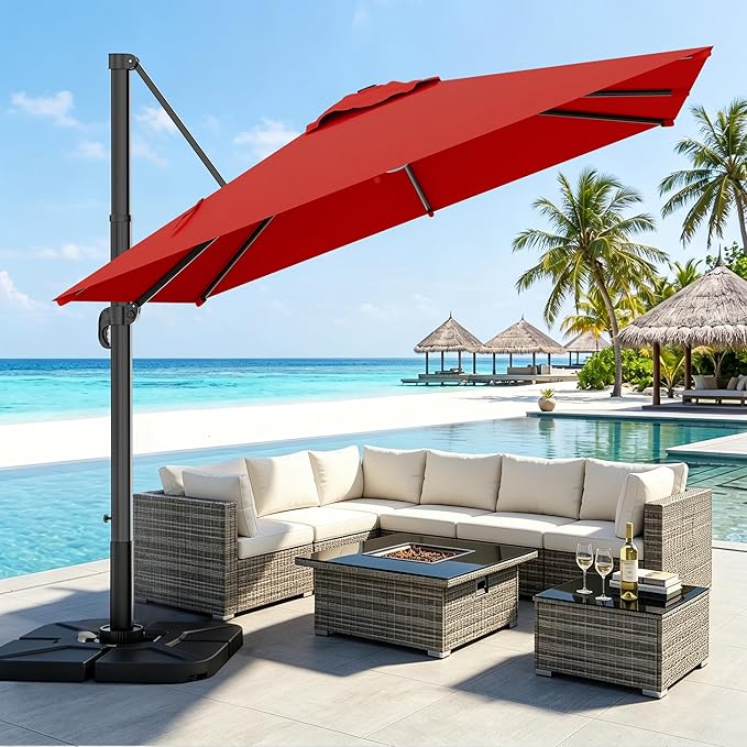 AreShark 9 × 9FT Square Cantilever Patio Umbrella with Base Included, 360° Rotation Offset Outdoor Umbrella, 5 Tilt Settings Heavy Duty Hanging Parasol for Deck Garden Pool, Red