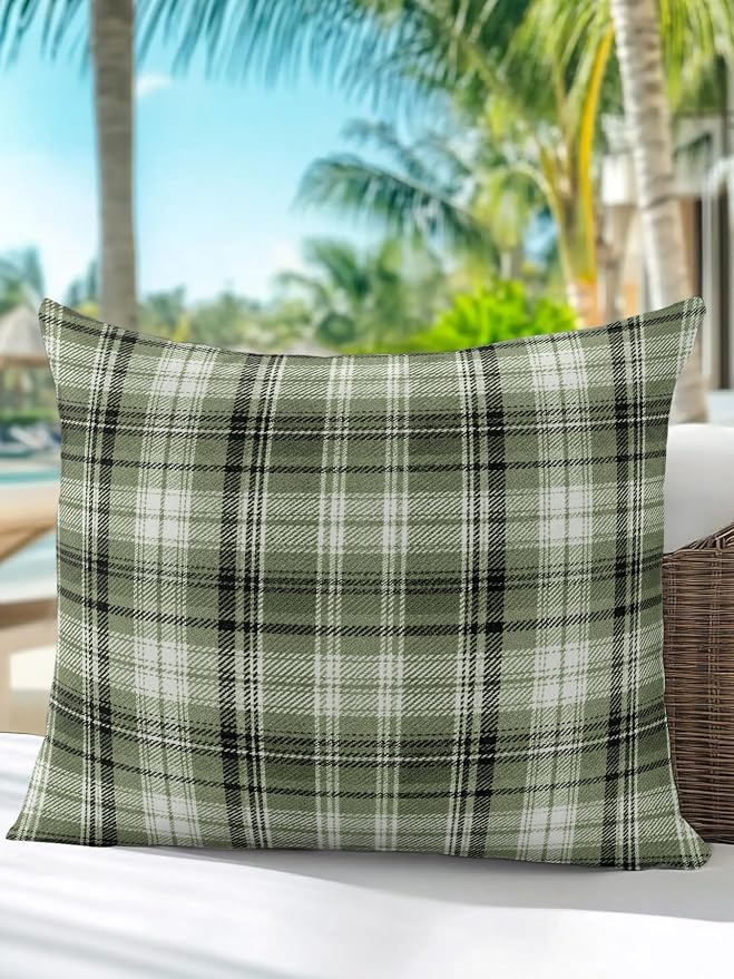 Waterproof Outdoor Pillow 1 Pack Green Checked Plaid Decorative Throw Pillows Cover & Insert 16x16 Inch Pillowcase Stripes Woven Grid Square Pillows for Couch Sofa Bed Patio Furniture Indoor Outdoor
