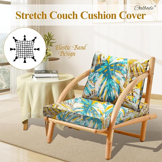 CALBODE 8pcs Outdoor Tropical Plant Printed Sofa Seat Cushion Covers Strechable, Dustproof Elastic Half-Covered Sofa Covers Washable Reusable Patio Furniture Protector（Blue and Yellow, Cover Only）