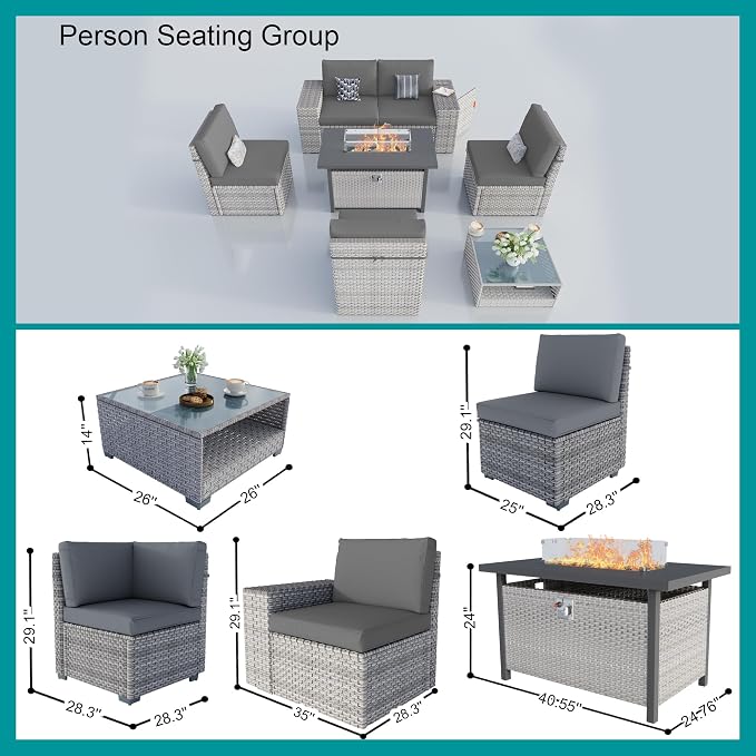 7-Piece Patio Furniture Set, Outdoor Patio Conversation Set with 60,000 BTU Fire Pit Table, PE Rattan Wicker Sectional Sofa with Large Capacity Seats, Widened Armrests, Extra High Backrest, Grey