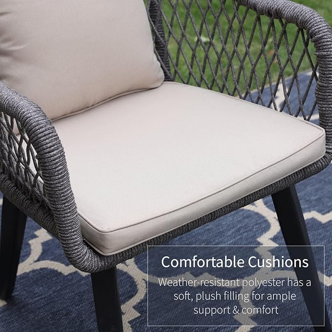 PHI VILLA 3-Piece Patio Conversation Bistro Chat Set All-Weather Wicker Outdoor Furniture for Small Patio, Porch, Balcony w/ 2 Wide Ergonomic Chairs, Glass Top Side Table (Grey)