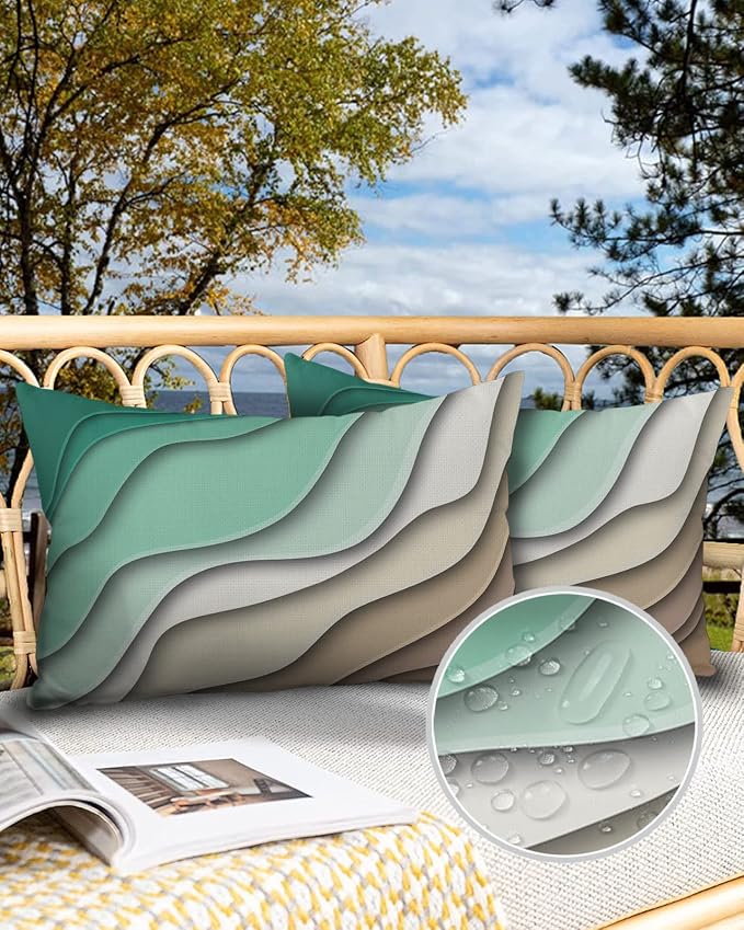 Outdoor Waterproof Pillow Covers for Patio Furniture Green Modern Geometric Decorative Throw Pillow Cover Brown Ombre Abstract Pillowcases Set of 2 Cushion Case for Sofa Couch 20 x 12 Inches