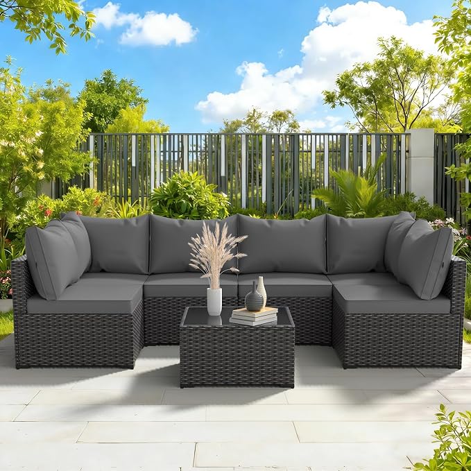 Patio Furniture Set, 7PCS Outdoor Sectional PE Rattan Patio Conversation Set w/Thickened Cushion Patio Sectional Modular Wicker Patio Sofa Set w/Coffee Table for Balcony, Backyard(Grey)