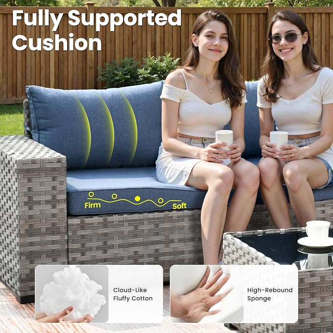 ovios 13 Pieces Patio Furniture Set, Outdoor Wicker Sectional Sofa with 42 Inch Fire Pit Table Comfy Cushions, Modern Modular Deep Seat Rattan Couch Conversation Set, Denim Blue