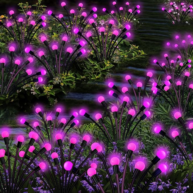 Kohlrabi Solar Garden Lights Outdoor, 4 Pack 32 LED Solar Pink Firefly Lights Waterproof, Starburst Wind Swaying Light for Outside Yard Patio Planter Flower Bed Walkway Christmas Decoration