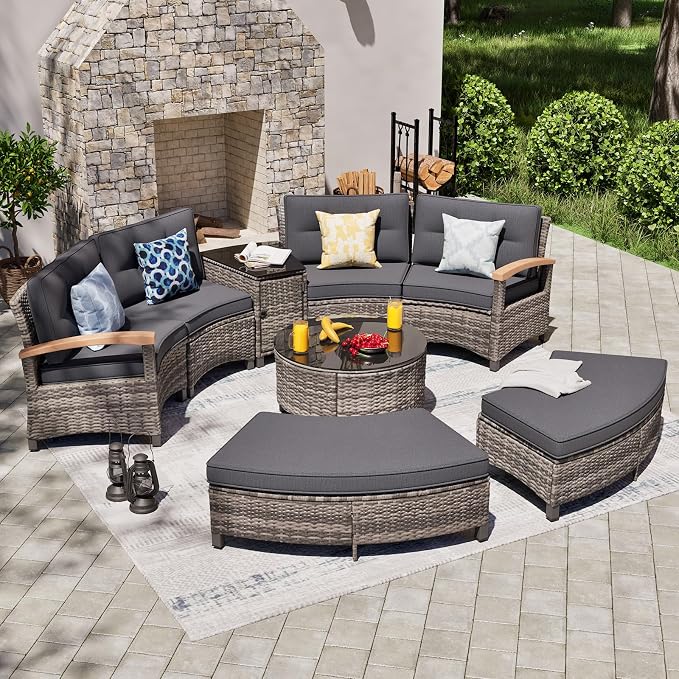 MEISSALIVVE 8 Piece Outdoor Patio Furniture Set, Half-Moon Curved Sectional Set with Wood Armrests, Patio Conversation Set for Porch,Deck,Balcony (Grey)