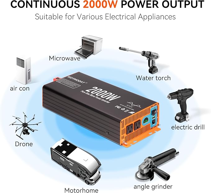 2000W Pure Sine Wave Inverter,12V DC to 120V AC Car Power Inverter 4000W Peak with 2AC Outlets, 3.0A USB and Type-C, LCD Display 16.5 ft Remote Control for RV Truck Travel Solar Emergency