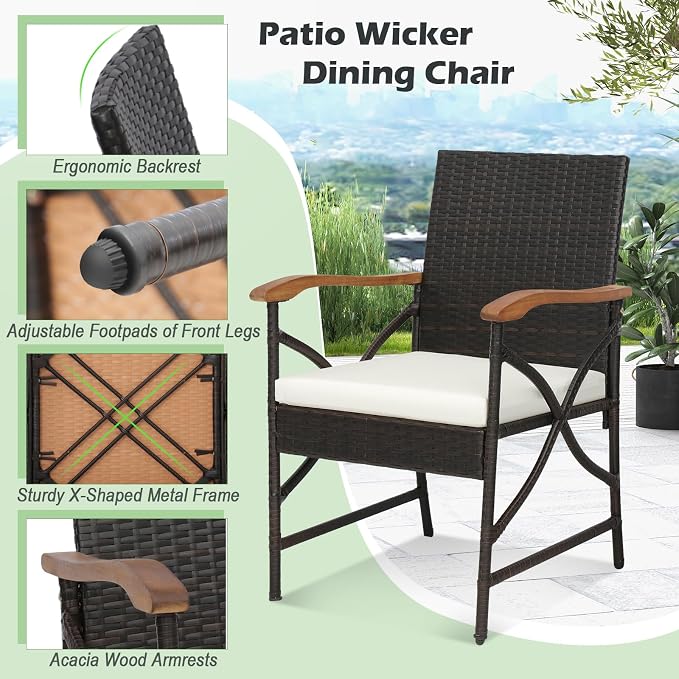 Tangkula 5 Pieces Outdoor Dining Set with Acacia Wood Table & 4 Wicker Rattan Armrest Chairs, Detachable Cushions, Umbrella Hole, All-Weather Patio Conversation Furniture Set for Garden Deck (5 PCS)