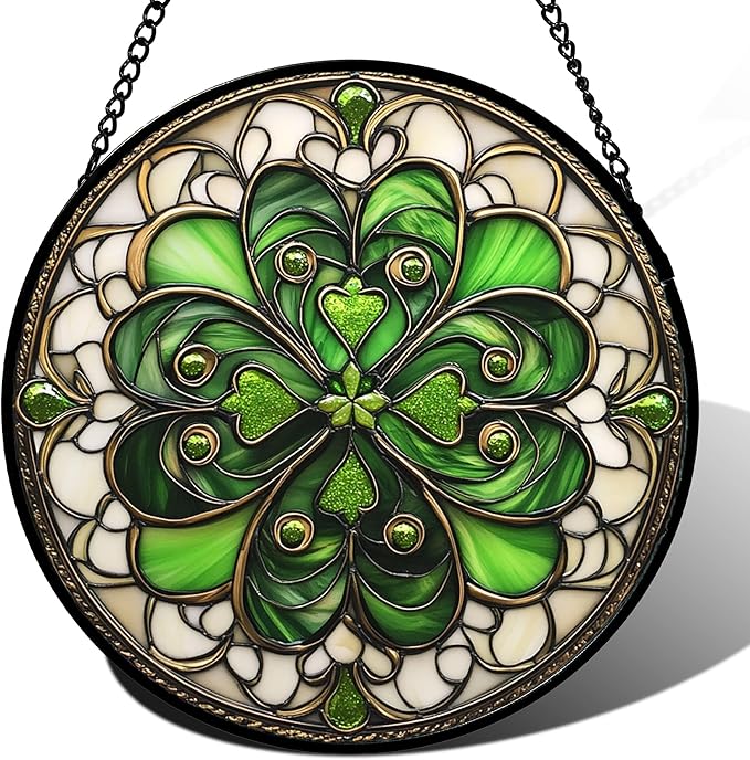 DASTOLL Stained Glass Window Hanging St. Ripak Festival Green Lucky Clover Large 15" - Suncatcher Door Garden Sun Catcher Ireland Decor Mother's Day for Mom Woman Her Men Sisters