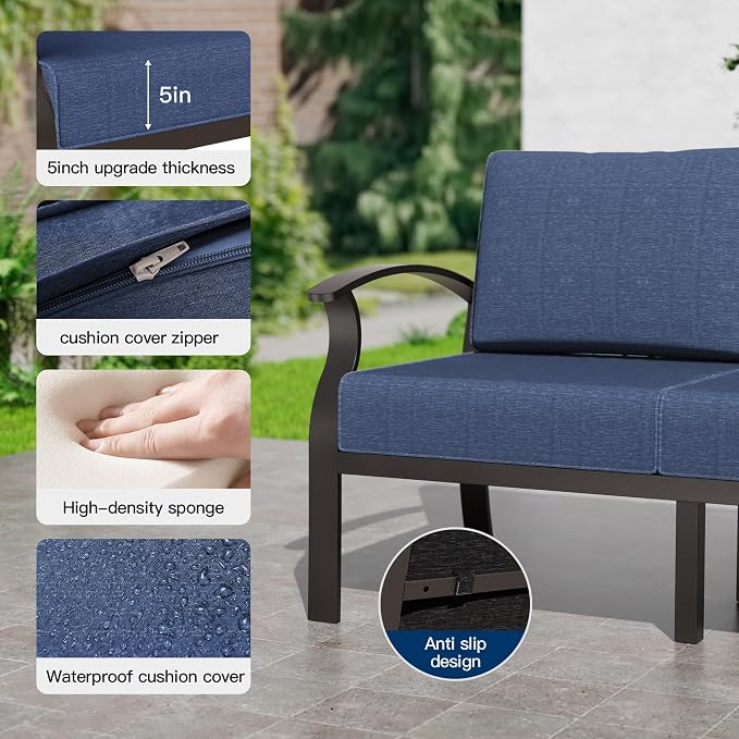 Kullavik Aluminum Patio Furniture Set,4 Piece Modern Metal Outdoor Patio Furniture w/5.1'' Thick Cushion and Round Coffee Table,Patio Conversation Sets for Porch,Deck,NavyBlue