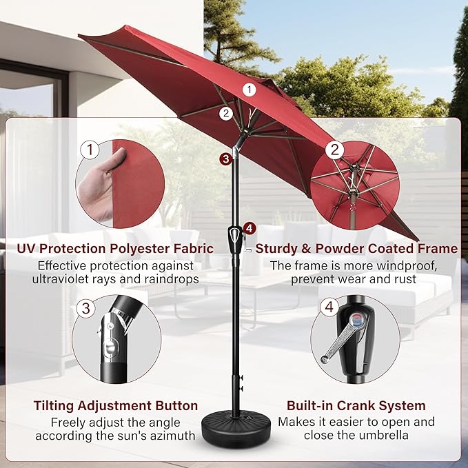 Simple Deluxe 7.5' Patio Umbrella Outdoor Table Market Yard Umbrella with 6 Sturdy Ribs for Backyard, Pool, Garden, Deck, Red