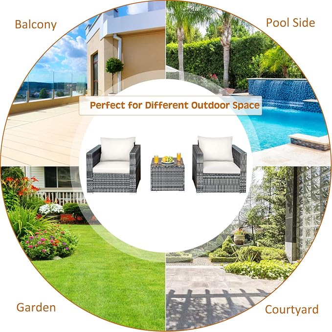 COSTWAY 3-Piece Patio Furniture Set, Outdoor Wicker Rattan Sofa with Cushions and Coffee Table, Conversation Chair Set for Poolside Backyard Balcony Lawn (White)