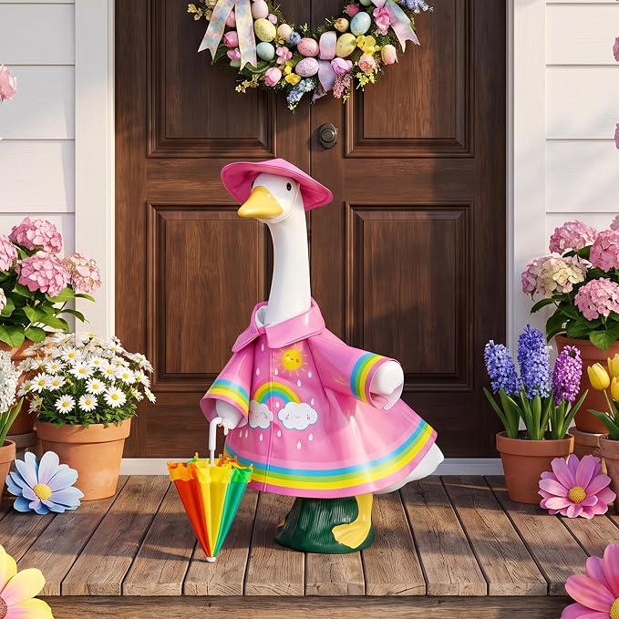 DECOHS 3 Pcs/Set Raincoat Porch Goose Outfits, Summer Lawn Goose Statue Raincoat Costume, Yard Goose Clothes Raincoats Umbrella Hat Outfit for 23" Statue Patio Garden Decoration (Rosy Rainbow)