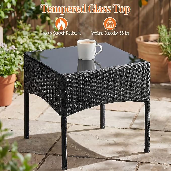 Sweetcrispy 3 Piece Patio Furniture Set, All-Weather Outdoor Conversation Set with Removable Cushions & Tempered Glass Table, Small Bistro Set for Balcony, Porch, Backyard, Deck, Black