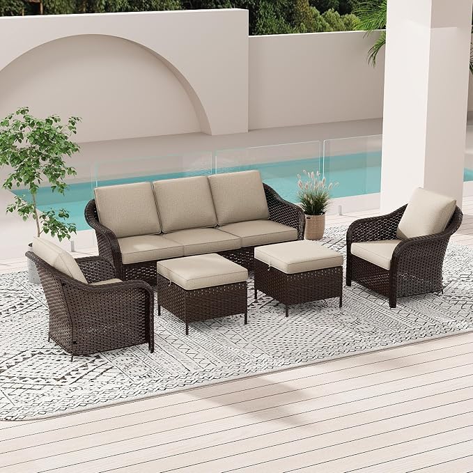 5 Piece Patio Wicker Conversation Set, All-Weather Use Outdoor Wicker Sofa with 2 PE Rattan Ottomans,2 Chair, Ideal for Porch, Backyard, Balcony, Poolside, Beige