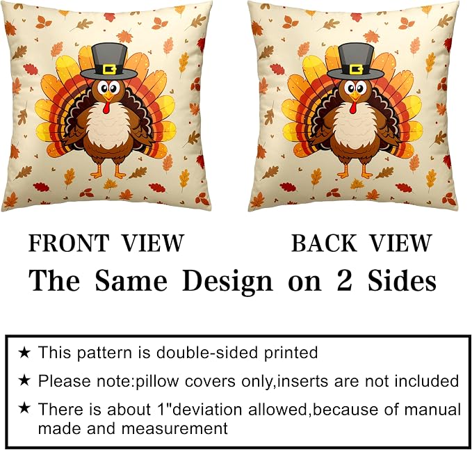 Pack of 2 Thanksgiving Throw Pillow Covers Cartoon Turkey with Autumn Maple Leaves Pillow Covers 24x24 Fall Leaves Pillow Case Square Cushion Case for Living Room Couch