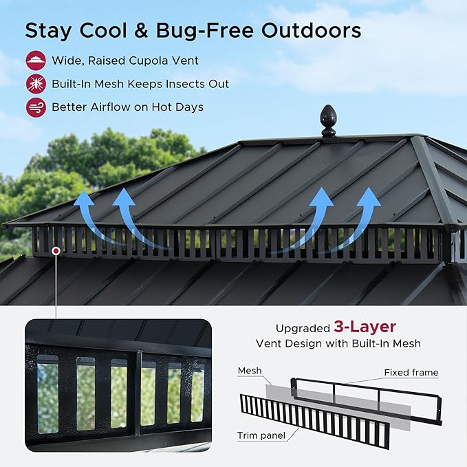 SUNJOY Kingston 16' x 12' Hardtop Gazebo with Galvanized Steel Double Roof, Curtain and Netting, Gray Aluminum Posts Permanent Pavilion Gazebo for Garden, Patio, Deck, Lawn