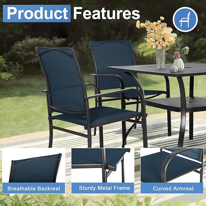 Crownland 5 Piece Patio Dining Set, Outdoor Textilene Dining Sets, 4 Textilene Metal Chairs and Square Outdoor Dining Table with Khaki 9FT Round Outdoor Umbrella (Blue)