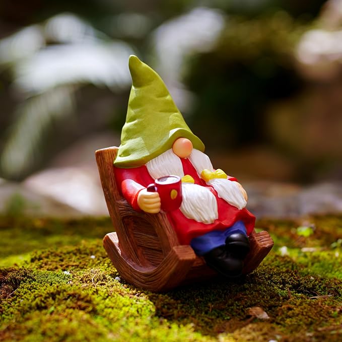 Solar Powered Relax Garden Gnome Statue, Rocking Chair Gnome 6.5“ with Glowing LED Nose & Coffee Cup, Hand Painted Resin Outdoor Indoor Decor Ornament for Patio Lawn Yard Home, Calming Novelty Gift
