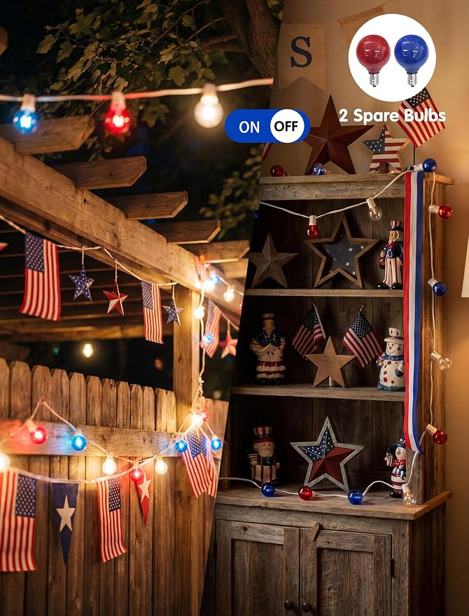 SUNSGNE 4th of July Decorations Outdoor Connectable String Lights with Waterproof Red White and Blue G40 Bulbs, 25 Feet for Garden Patio Patriotic Independence Day Theme Holiday Decor