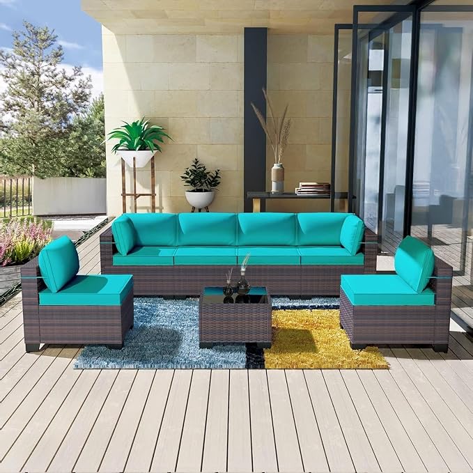 Outdoor Patio Sectional Furniture Set 7 Pieces PE Wicker Sofa Set with Tempered Glass Table and 6 Removable Sand Cushions, Manual Rattan Conversation Couch for Backyard Garden Deck