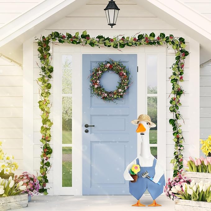 FuWeave Gardener Porch Goose Outfit Flower Goose Clothes for 23" Large Statue Outdoor Spring Summer Garden Yard Lawn Art Decoration, Overalls Gardener Gardening Enthusiast