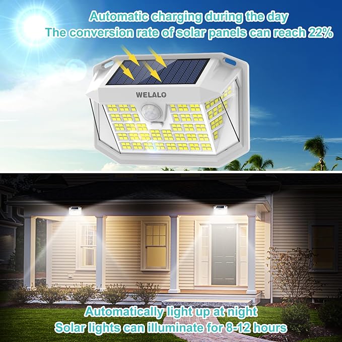 WELALO Solar Motion Lights Outdoor, [3 Modes/6 Pack/188 LED] 270° Wide Angle Lighting, Security Solar Powered Wall Lights, IP65 Waterproof Flood Lights for Fence Porch Yard Patio(White)