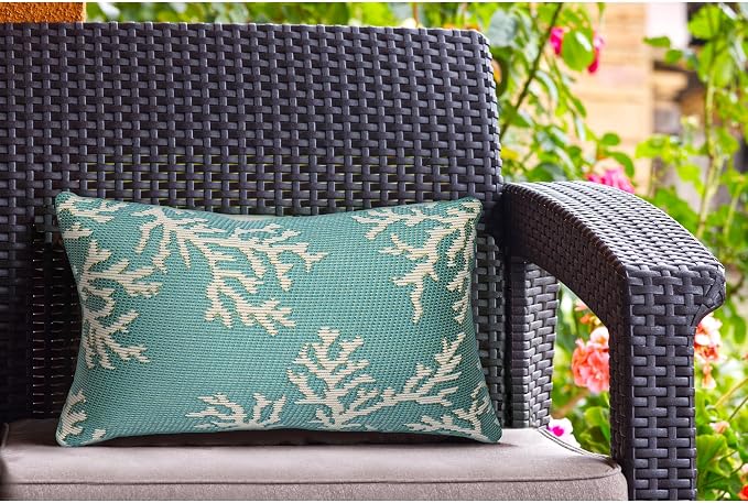 Liora Manne Marina Indoor/Outdoor Power Loomed Easy Care Pillow - Transitional Border Coastal Beach Accent (Coral Edge Aqua) (12" x 18")