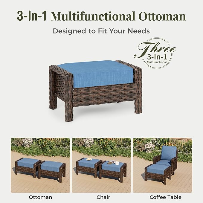 MIXPATIO 5-Piece Wicker Patio Furniture Set with Swivel Chairs, High Back Outdoor Furniture with 5.5-inch Thick Cushion and Ottoman, All-Weather Wicker Patio Conversation Set for Deck Lawn, Navy Blue